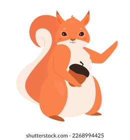 Cute squirrel holding nut. Wild rodent feeding with seeds, fluffy tail vector illustration