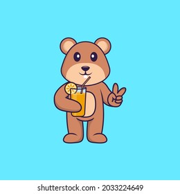 Cute squirrel holding orange juice in glass. Animal cartoon concept isolated. Can used for t-shirt, greeting card, invitation card or mascot.