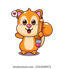 cute squirrel holding pencil cartoon vector illustration.
