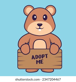 Cute squirrel holding a poster Adopt me. Animal cartoon concept isolated. Can used for t-shirt, greeting card, invitation card or mascot