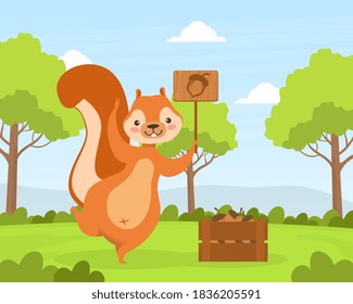 Cute Squirrel Holding Sign Board with Acorn, Adorable Humanized Wild Animal Character Standing on Summer Landscape Next to Wooden Crate full of Acorns Vector Illustration