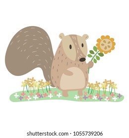 Cute squirrel holding sunflower vector cartoon. Squirrel cartoon vector and illustration. Pastel cartoon. 