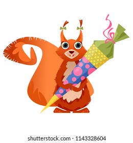 Cute squirrel holding  traditional German candy cone in the paws on the first school day. Vector illustration