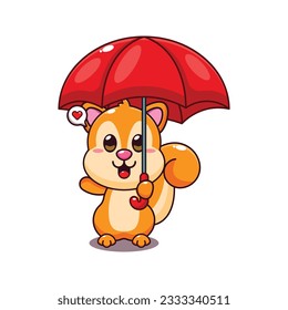 cute squirrel holding umbrella cartoon vector illustration.