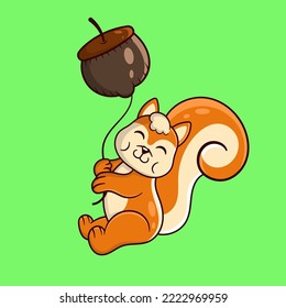 Cute squirrel holding walnut balloon . cartoon animal vector illustration.