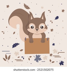 Una ardilla linda sostiene un signo en blanco para el texto en sus patas. Otoño. Vector ilustración plana de dibujos animados.
