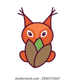Cute squirrel holds pistachio nut in paws cartoon mascot character vector flat illustration on white background. Animal character logo symbol for online nut shops.