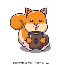 Cute squirrel with hot coffee cartoon vector illustration