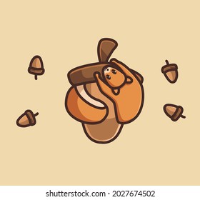 cute squirrel hug giant nut. animal flat cartoon style illustration icon premium vector logo mascot suitable for web design banner character
