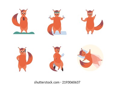 Cute squirrel icons set. Flat vector illustration. The squirrel eats a nut, exercises, drinks coffee, sleeps, talks on the phone and reads.