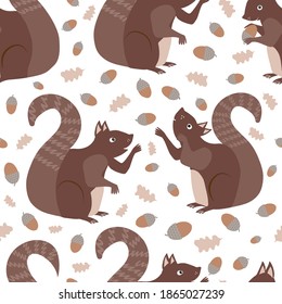 Cute squirrel juggling acorns seamless pattern background. Red brown woodland animals playing ball with nuts on white backdrop. Scattered forest wildlife design. Hand drawn modern all over print