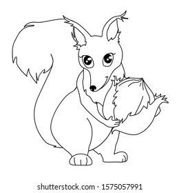 Cute squirrel keeps hazelnut in hand vector coloring page illustration isolated on white