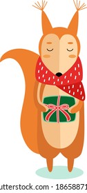 Cute squirrel in knit red scarf holds present, box. Funny forest cartoon character animal with gift in paws. Winter time. Vector illustration isolated on white background 