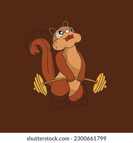 Cute squirrel lifts the barbell. Animal cartoon concept isolated. 