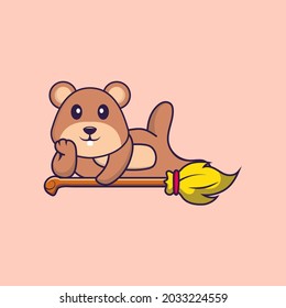 Cute squirrel lying on Magic Broom. Animal cartoon concept isolated. Can used for t-shirt, greeting card, invitation card or mascot.