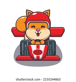 cute squirrel mascot cartoon character riding race car