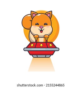 cute squirrel mascot cartoon character fly with ufo