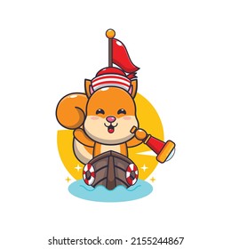 cute squirrel mascot cartoon character on the boat