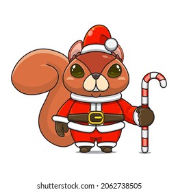 Una linda mascota de ardilla, sosteniendo un bastón de caramelo, usando traje de santa claus, caricatura de un animal con ojos brillantes, vista frontal. estilos kawaii, apartamentos, para niños y adultos, para pegatinas. 