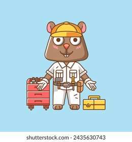 Cute squirrel mechanic with tool at workshop cartoon animal character mascot icon flat style illustration concept set