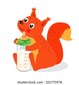 Cute squirrel. Squirrel with milk bottle. Welcome baby vector illustration. Squirrel baby. Squirrel model. Squirrel costume. Squirrel as a pet. Squirrel sitting. Red squirrel. Sweetheart squirrel.