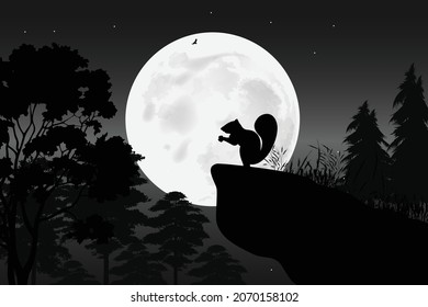 cute squirrel and moon silhouette