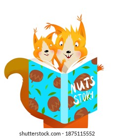 Cute squirrel mother reading a book to her child. Animals cartoon for kids education study and storytelling. Children vector illustration in watercolor style.