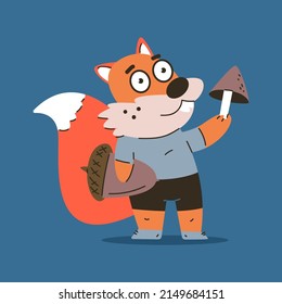 Cute squirrel with mushroom and acorn vector cartoon character isolated on a white background.