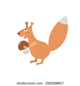 Cute squirrel with mushroom. Cartoon character, funny woodland animal holding wild mushroom. Hand drawn vector illustration isolated on white. Flat design