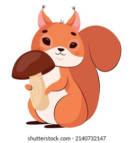 Cute Squirrel With Mushroom Cartoon Vector Illustration. Pretty Wildlife Animal With Furry Tail On White Background Preparing Food For Winter. Rodent, Food Concept