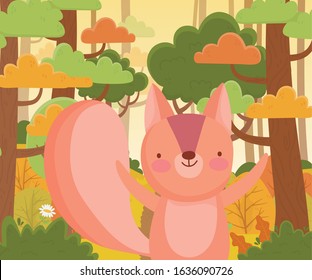 cute squirrel nature forest foliage landscape cartoon vector illustration