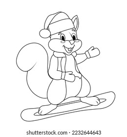 süßes Eichhörnchen in einem Neujahrshut, Schal- und Fausthühner Snowboarden, Winterunterhaltung, Linie, Skizze 