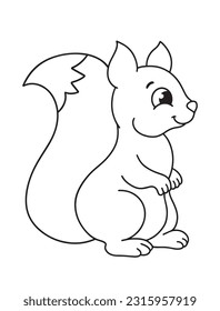 Ardilla suave con una nuez en las garras para colorear página o libro. Caricatura de carácter animal salvaje. Vector blanco y negro