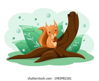A cute squirrel with a nut sits on a stump against a background of green leaves. Children's illustration of forest animals.