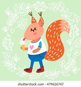 Cute squirrel on leaves background vector illustration