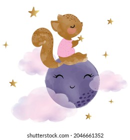 Cute squirrel on the moon vector illustration, greeting cards, baby and kids artworks, textile graphics