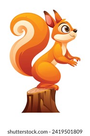 Cute squirrel on tree stump  illustration. Vector cartoon isolated on white background