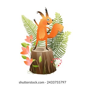 Cute squirrel on tree stump, happy funny character design. Squirrel animal character on forest tree, isolated clip art for kids. Vector hand drawn illustration in watercolor style for children.