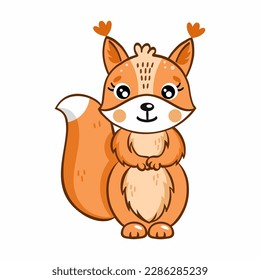 Cute squirrel on white background. Vector illustration in cartoon style. Drawing for children. Decor of poster or postcard.