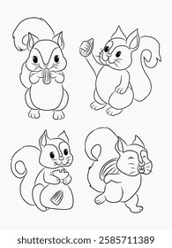 Cute Squirrel Outline Set with Different Poses, Black and White Sketch. Perfect for Coloring and Children’s Illustration