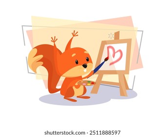 Cute squirrel painting pink heart. Cartoon character, animal, felling in love. Can be used for topics like romance, Valentines day, painting