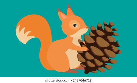 Cute squirrel with pine cone. Vector illustration in flat style.