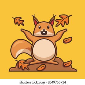 cute squirrel playing fall leaves. cartoon autumn season concept Isolated illustration. Flat Style suitable for Sticker Icon Design Premium Logo vector. Mascot character