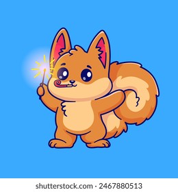 Cute Squirrel Playing Fireworks Cartoon Vector Icon Illustration. Animal Holiday Icon Concept Isolated Premium Vector. Flat Cartoon Style