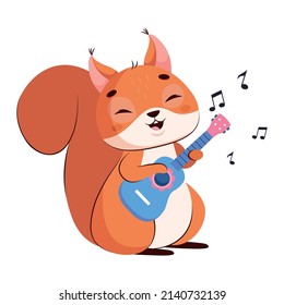 Cute squirrel playing guitar cartoon vector illustration. Happy wildlife animal singing song, enjoying life, having fun. Rodent, art, hobby, entertainment concept