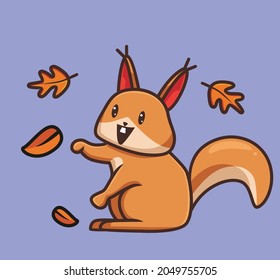 cute squirrel playing leaf. cartoon animal autumn season concept Isolated illustration. Flat Style suitable for Sticker Icon Design Premium Logo vector. Mascot character