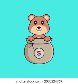 Cute squirrel playing in money bag. Animal cartoon concept isolated. Can used for t-shirt, greeting card, invitation card or mascot.