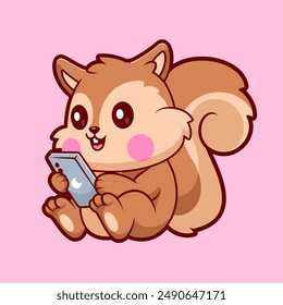 Cute Squirrel Playing Phone Cartoon Vector Icon Illustration. Animal Technology Icon Concept Isolated Premium Vector. Flat Cartoon Style