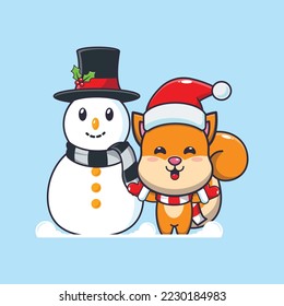 Cute squirrel playing with Snowman. Cute christmas cartoon illustration.