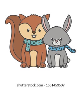 cute squirrel and rabbit with scarf on white background vector illustration